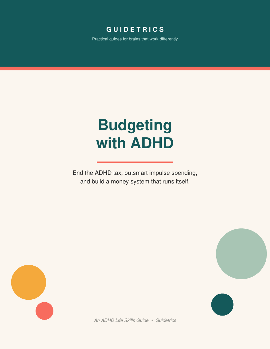 Cover of Budgeting with ADHD, a shame-free money-management PDF guide by Guidetrics