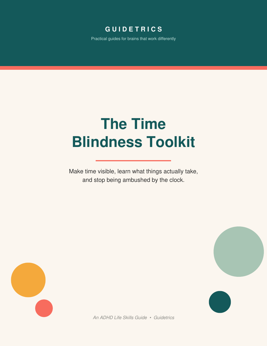 Cover of The Time Blindness Toolkit, an ADHD time-management PDF guide by Guidetrics